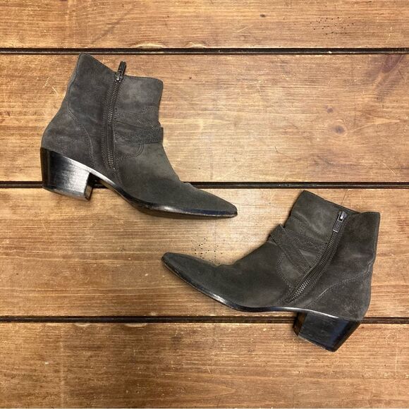 Frye Ellen Buckle Short Booties Gray Suede Leather Size 7 Harness - Picture 2 of 10